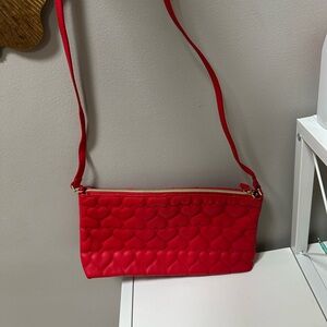 Betsey Johnson Red Embroidered Hearts Crossbody Purse Bag Faux Leather Zip Close